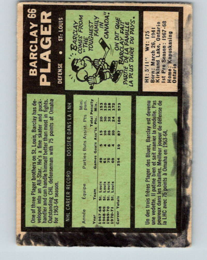 1971-72 O-Pee-Chee #66 Barclay Plager St. Louis Blues V9155