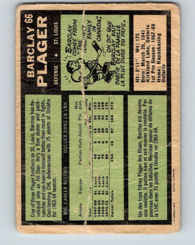 1971-72 O-Pee-Chee #66 Barclay Plager St. Louis Blues V9156