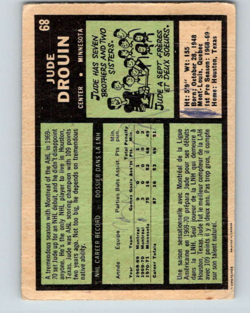 1971-72 O-Pee-Chee #68 Jude Drouin Minnesota North Stars V9159