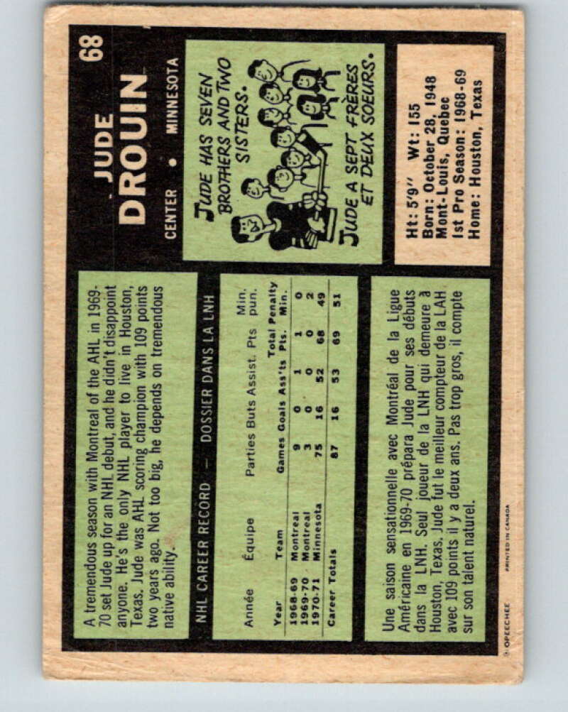 1971-72 O-Pee-Chee #68 Jude Drouin Minnesota North Stars V9161