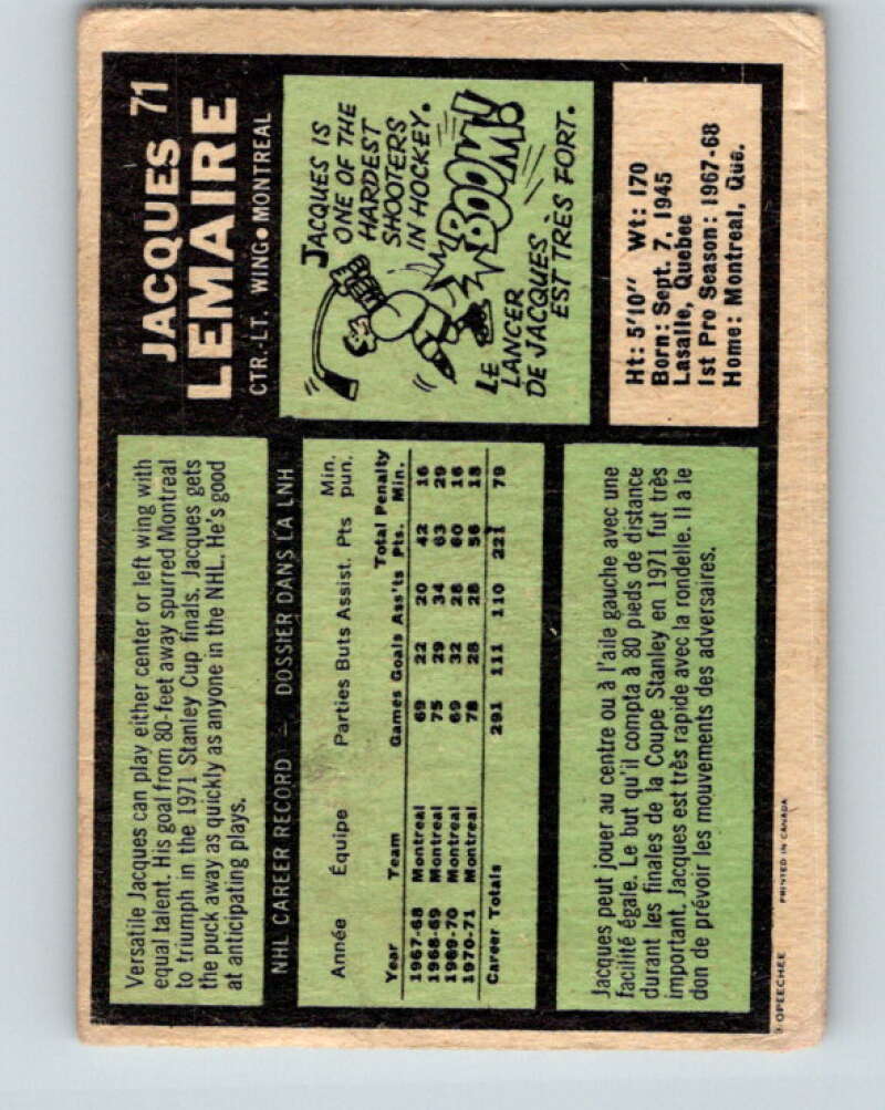 1971-72 O-Pee-Chee #71 Jacques Lemaire Montreal Canadiens V9169