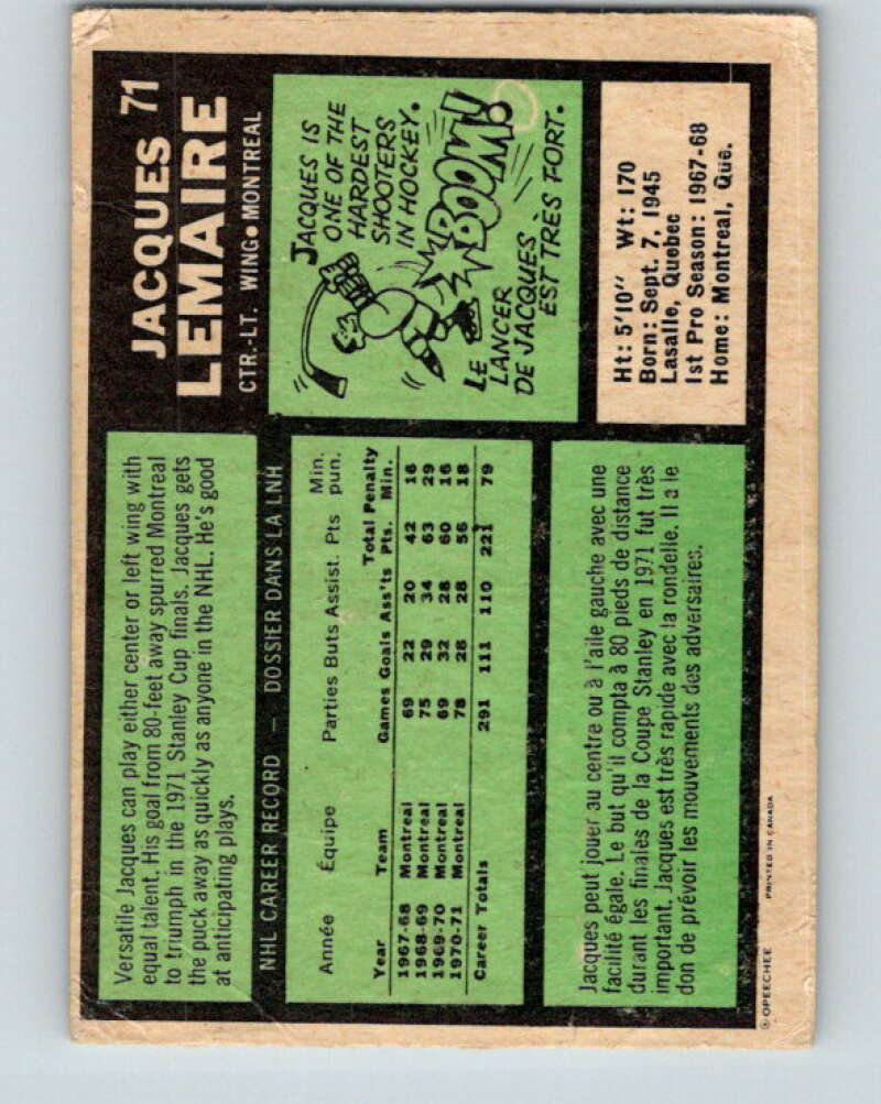 1971-72 O-Pee-Chee #71 Jacques Lemaire Montreal Canadiens V9171