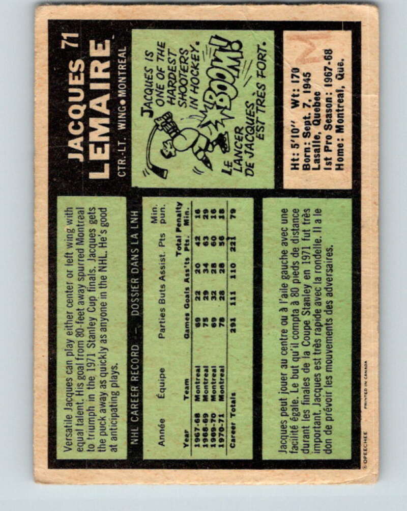 1971-72 O-Pee-Chee #71 Jacques Lemaire Montreal Canadiens V9172
