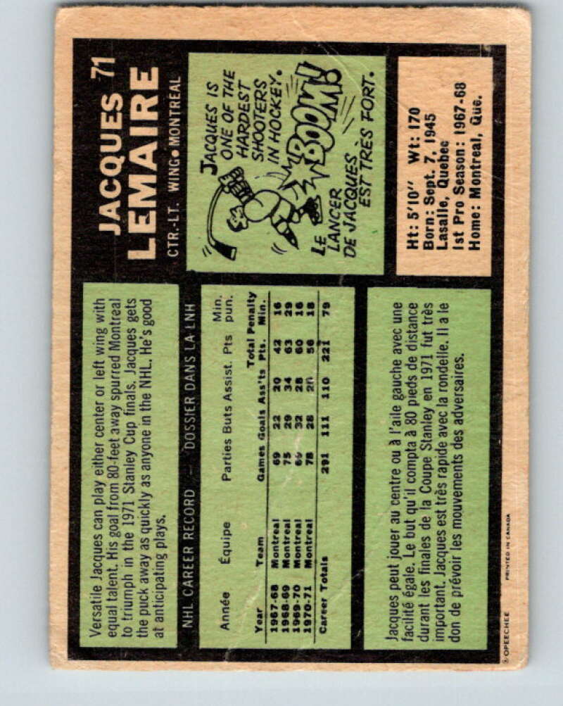 1971-72 O-Pee-Chee #71 Jacques Lemaire Montreal Canadiens V9173