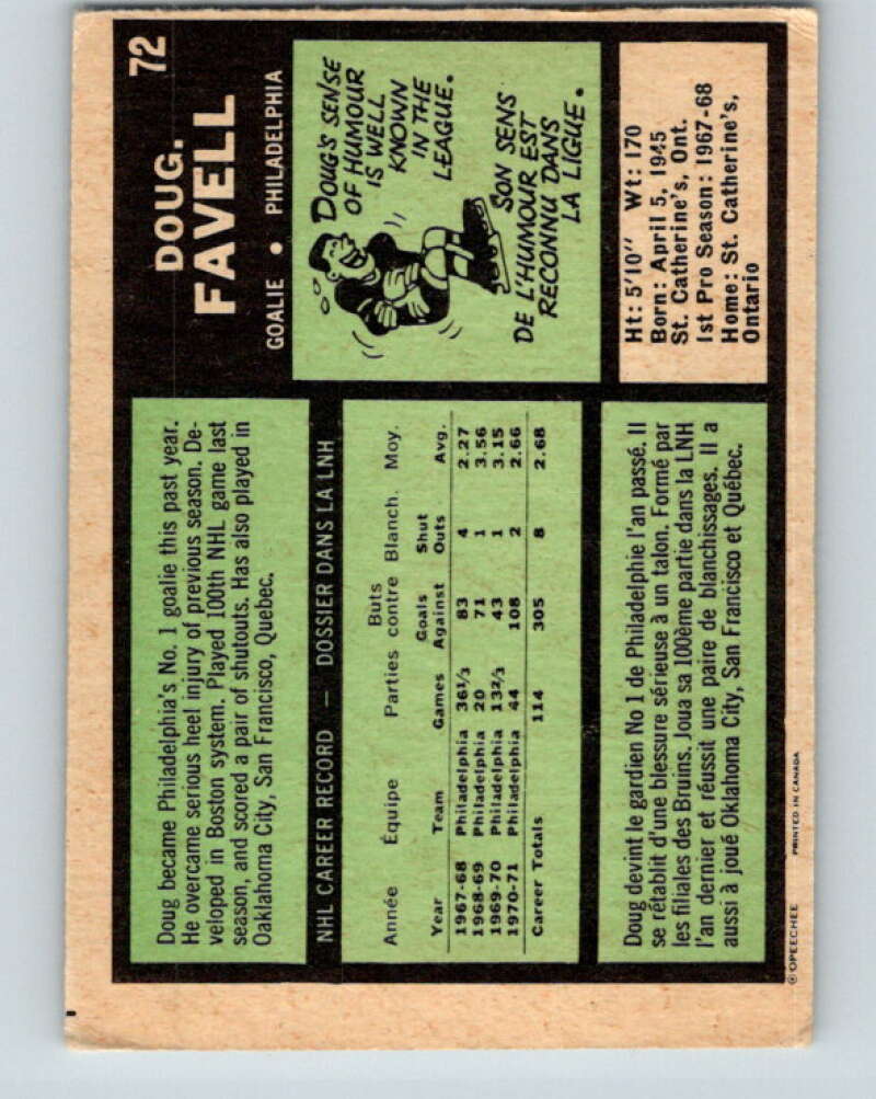 1971-72 O-Pee-Chee #72 Doug Favell Philadelphia Flyers V9174