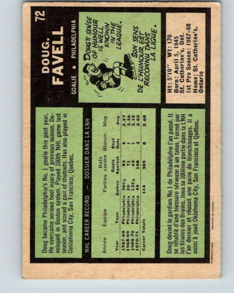 1971-72 O-Pee-Chee #72 Doug Favell Philadelphia Flyers V9175