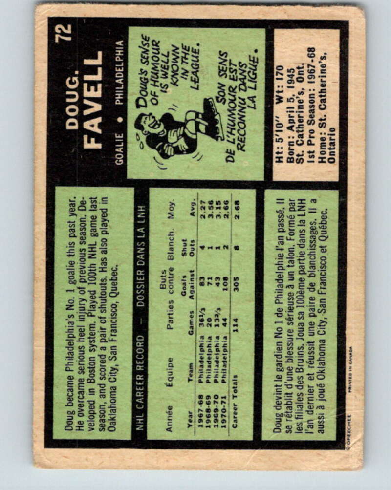 1971-72 O-Pee-Chee #72 Doug Favell Philadelphia Flyers V9176