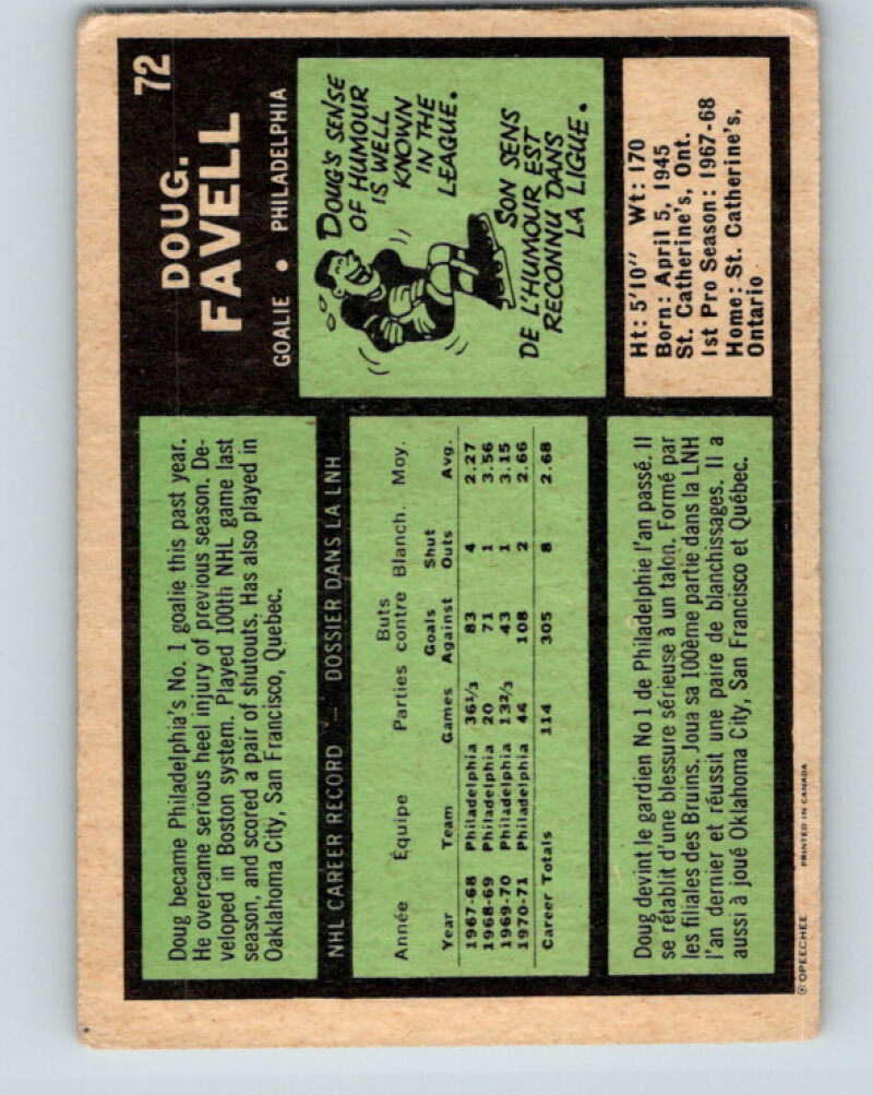 1971-72 O-Pee-Chee #72 Doug Favell Philadelphia Flyers V9177