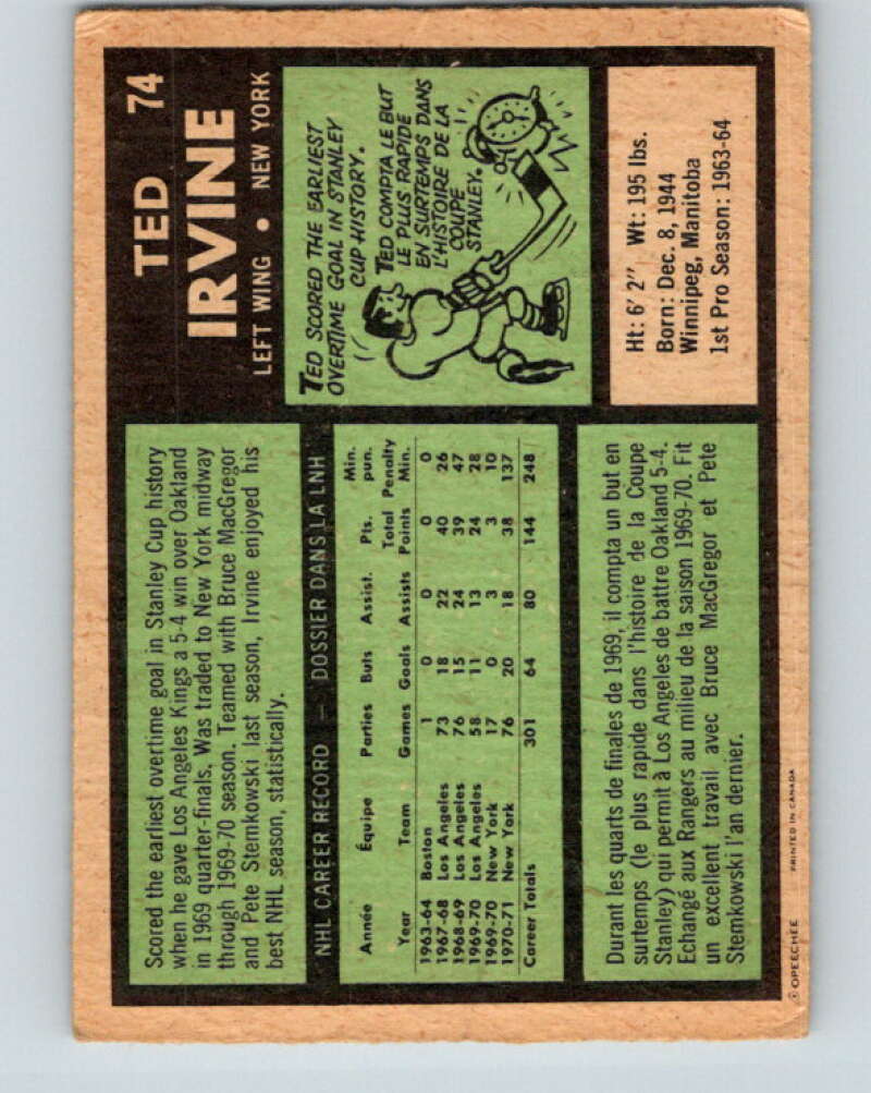 1971-72 O-Pee-Chee #74 Ted Irvine New York Rangers V9179