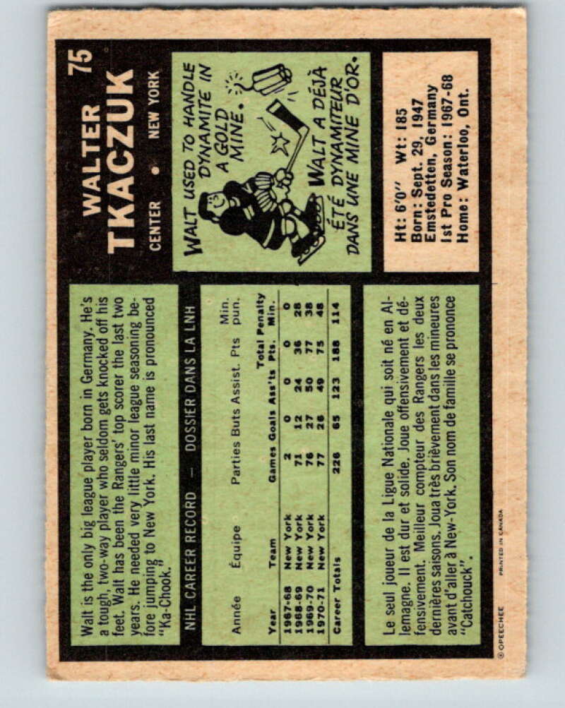 1971-72 O-Pee-Chee #75 Walt Tkaczuk New York Rangers V9183