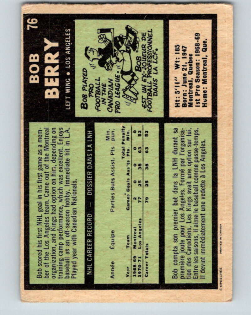 1971-72 O-Pee-Chee #76 Bob Berry RC Rookie Los Angeles Kings V9184