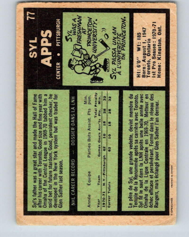 1971-72 O-Pee-Chee #77 Syl Apps Jr. RC Rookie Pittsburgh Penguins V9185