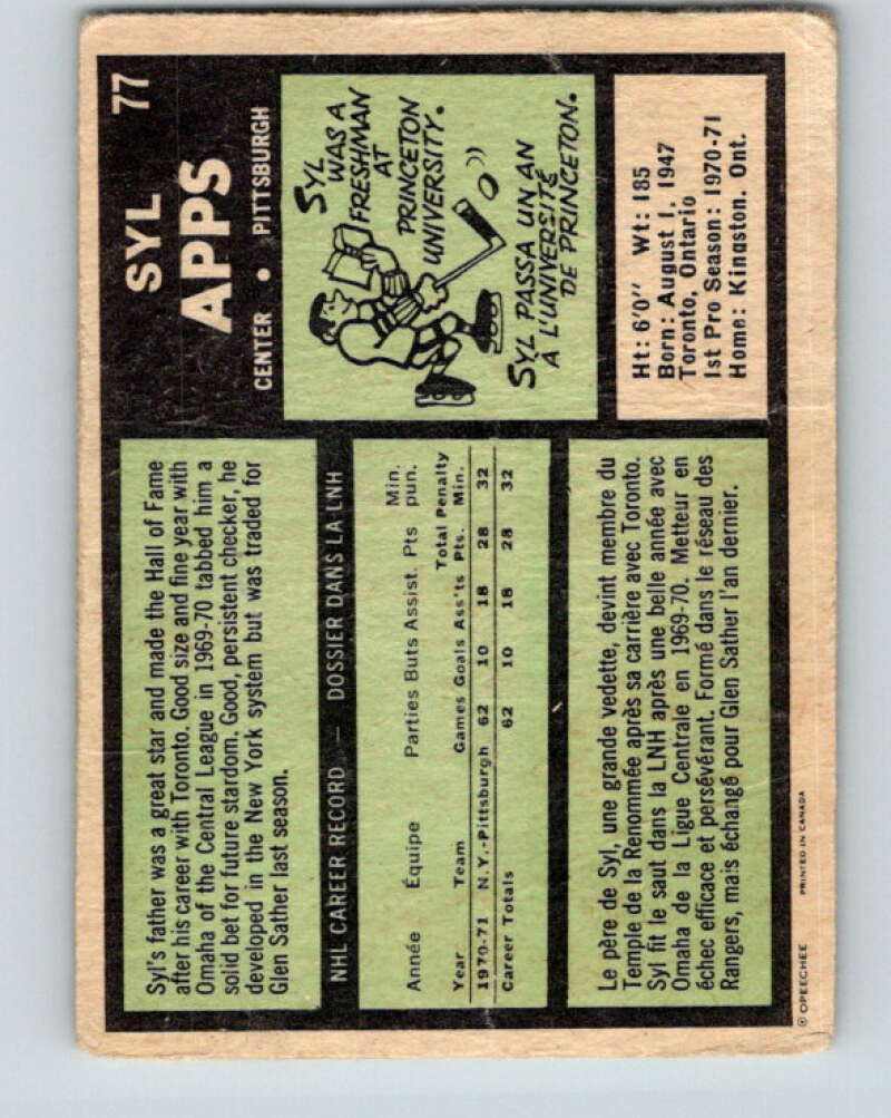 1971-72 O-Pee-Chee #77 Syl Apps Jr. RC Rookie Pittsburgh Penguins V9186