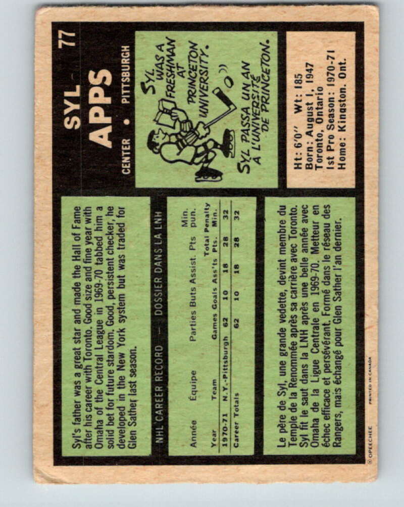 1971-72 O-Pee-Chee #77 Syl Apps Jr. RC Rookie Pittsburgh Penguins V9187