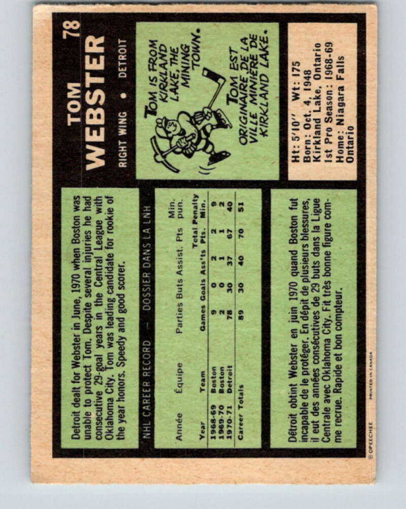 1971-72 O-Pee-Chee #78 Tom Webster Detroit Red Wings V9188