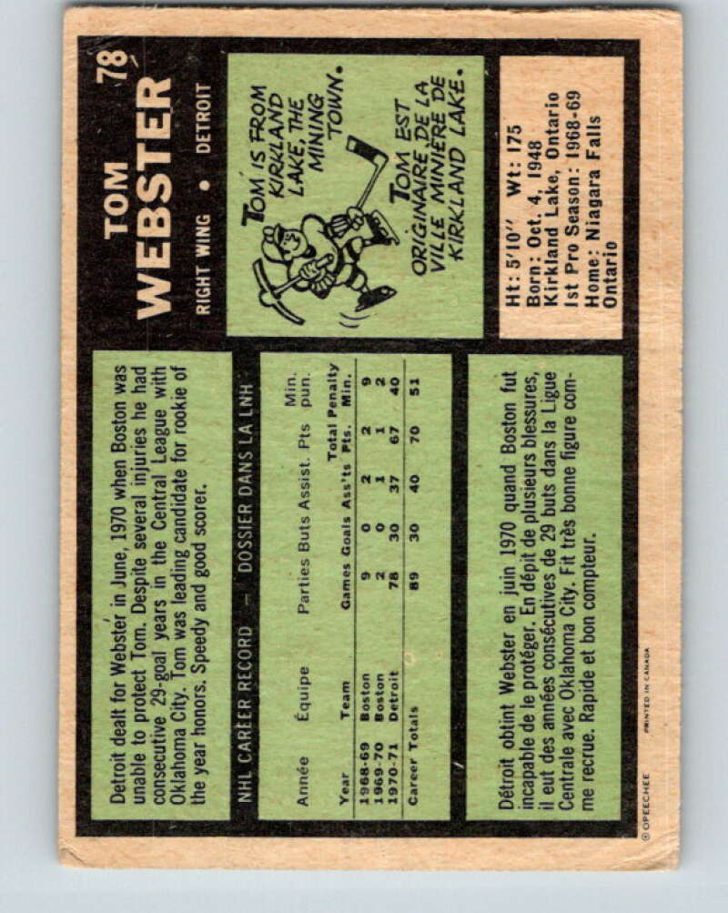 1971-72 O-Pee-Chee #78 Tom Webster Detroit Red Wings V9189