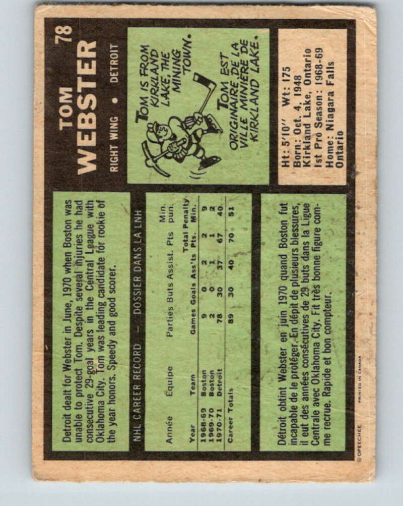 1971-72 O-Pee-Chee #78 Tom Webster Detroit Red Wings V9190