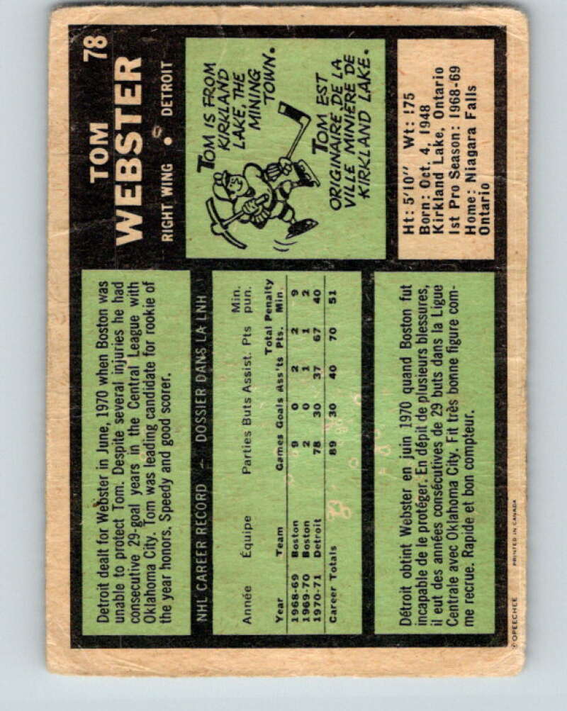 1971-72 O-Pee-Chee #78 Tom Webster Detroit Red Wings V9191
