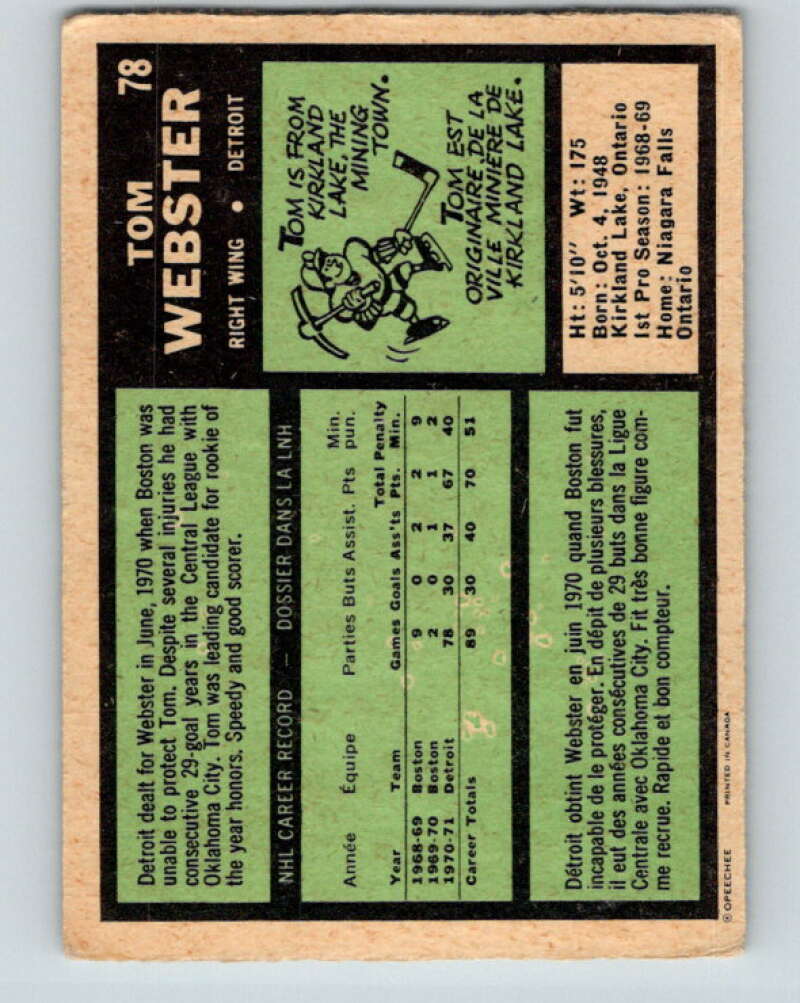 1971-72 O-Pee-Chee #78 Tom Webster Detroit Red Wings V9192