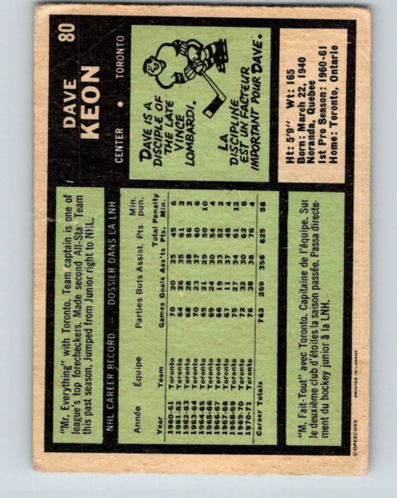 1971-72 O-Pee-Chee #80 Dave Keon Toronto Maple Leafs V9194