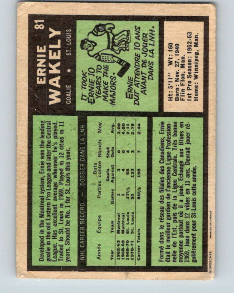 1971-72 O-Pee-Chee #81 Ernie Wakely St. Louis Blues V9195