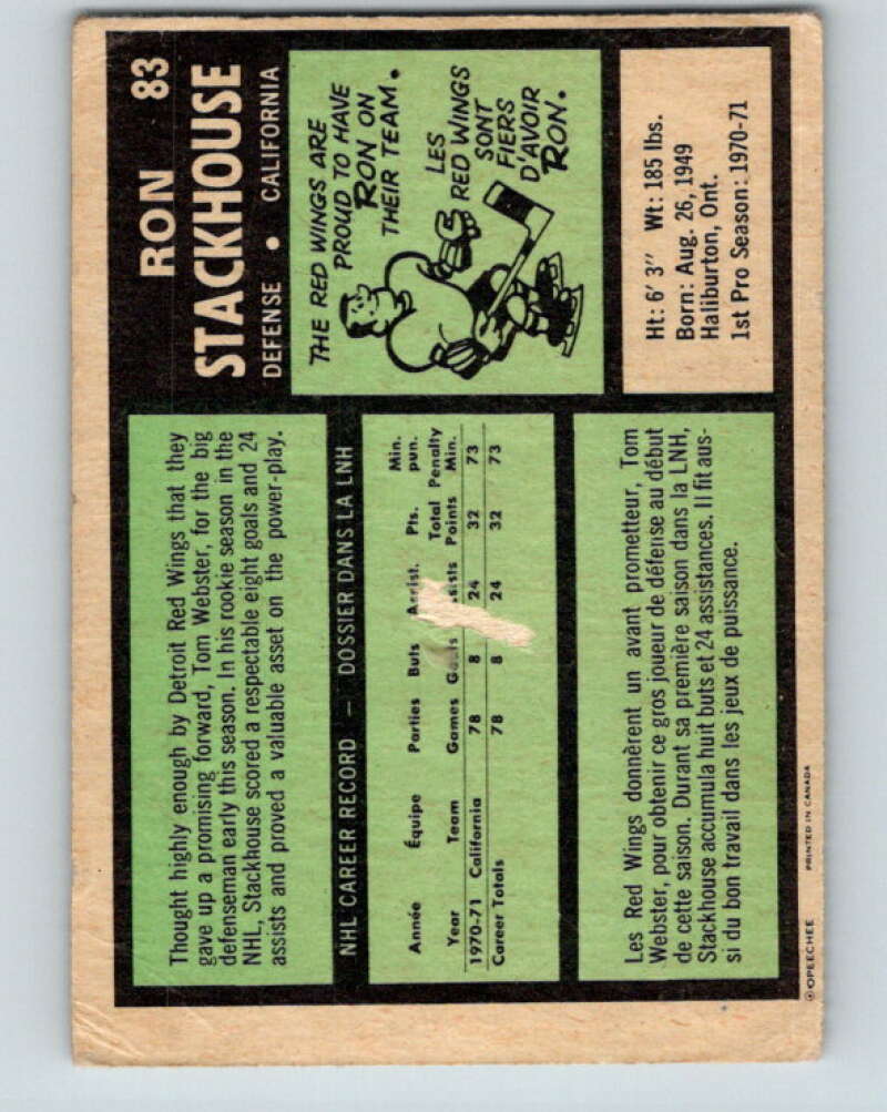 1971-72 O-Pee-Chee #83 Ron Stackhouse RC Rookie California Golden Seals V9198