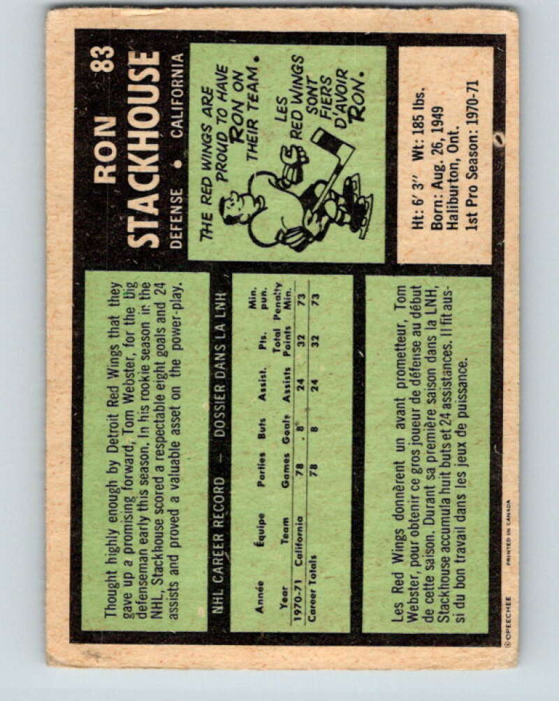 1971-72 O-Pee-Chee #83 Ron Stackhouse RC Rookie California Golden Seals V9201