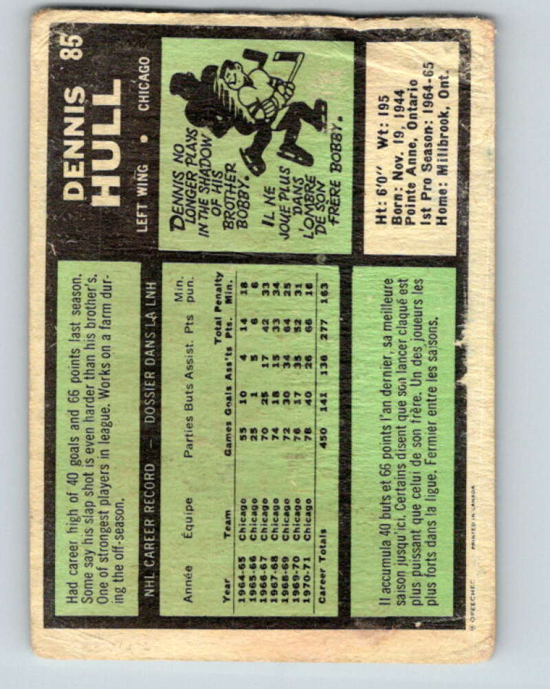 1971-72 O-Pee-Chee #85 Dennis Hull Chicago Blackhawks V9207