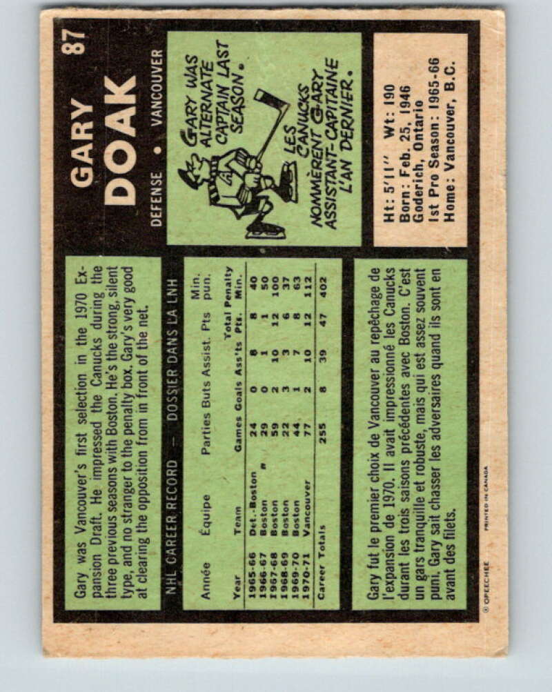 1971-72 O-Pee-Chee #87 Gary Doak Vancouver Canucks V9212