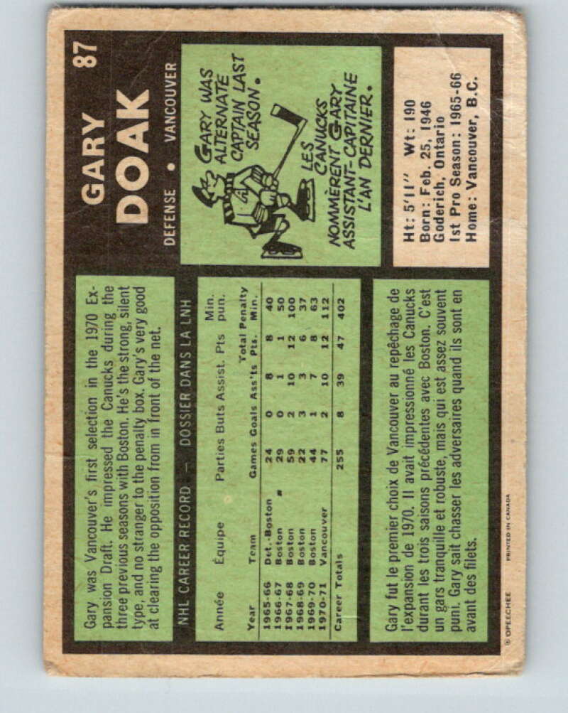 1971-72 O-Pee-Chee #87 Gary Doak Vancouver Canucks V9213