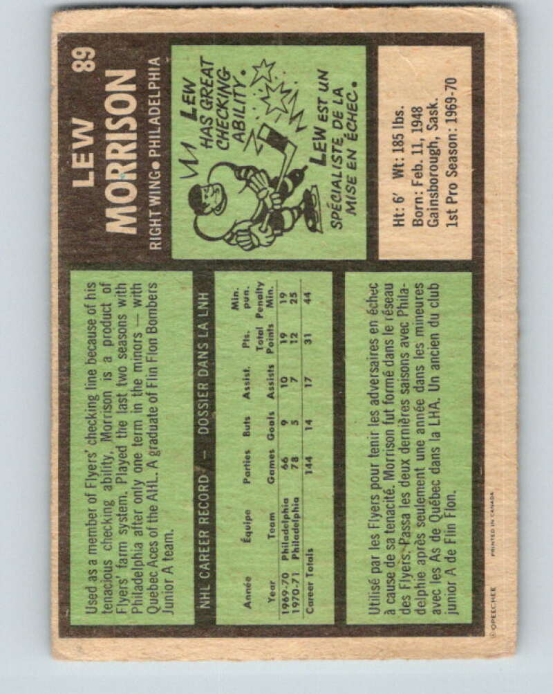 1971-72 O-Pee-Chee #89 Lew Morrison Philadelphia Flyers V9215