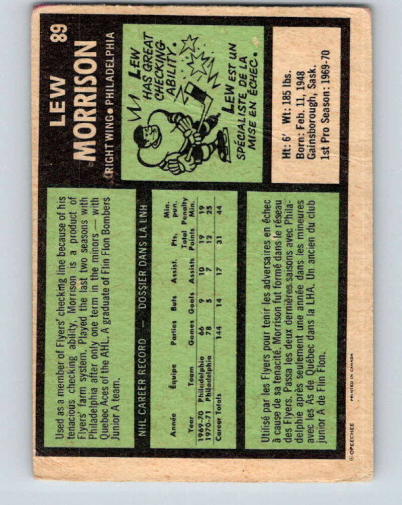 1971-72 O-Pee-Chee #89 Lew Morrison Philadelphia Flyers V9216