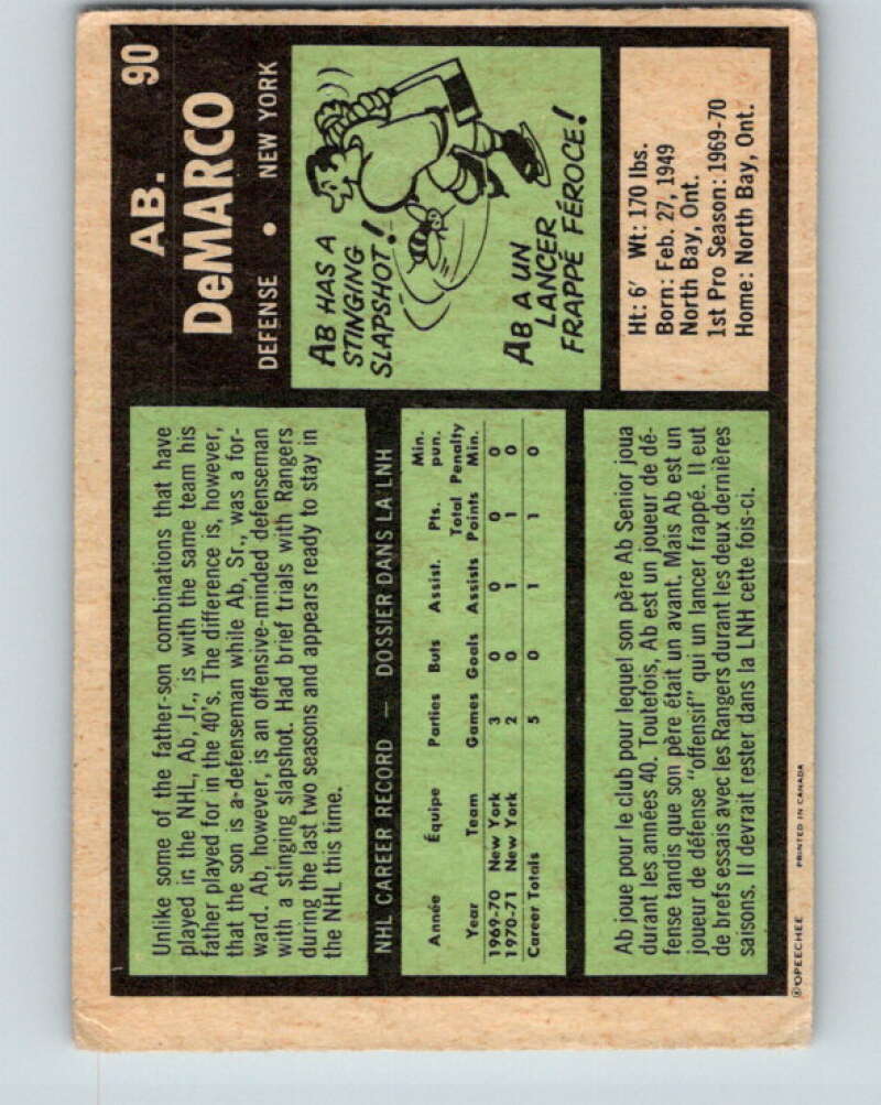 1971-72 O-Pee-Chee #90 Ab DeMarco RC Rookie New York Rangers V9217