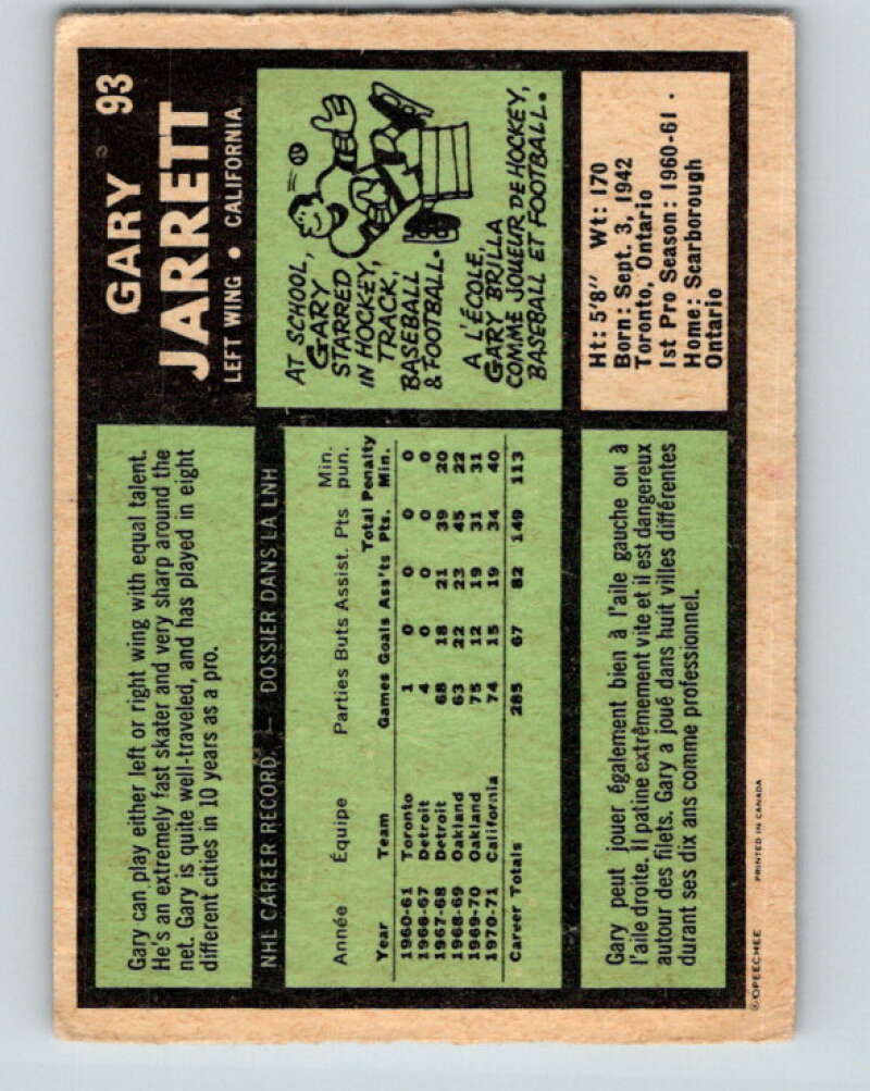 1971-72 O-Pee-Chee #93 Gary Jarrett California Golden Seals V9224