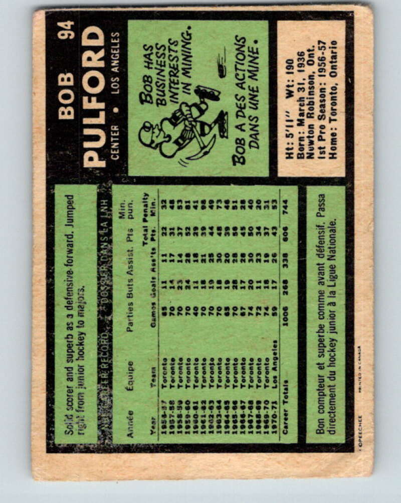 1971-72 O-Pee-Chee #94 Bob Pulford Los Angeles Kings V9227
