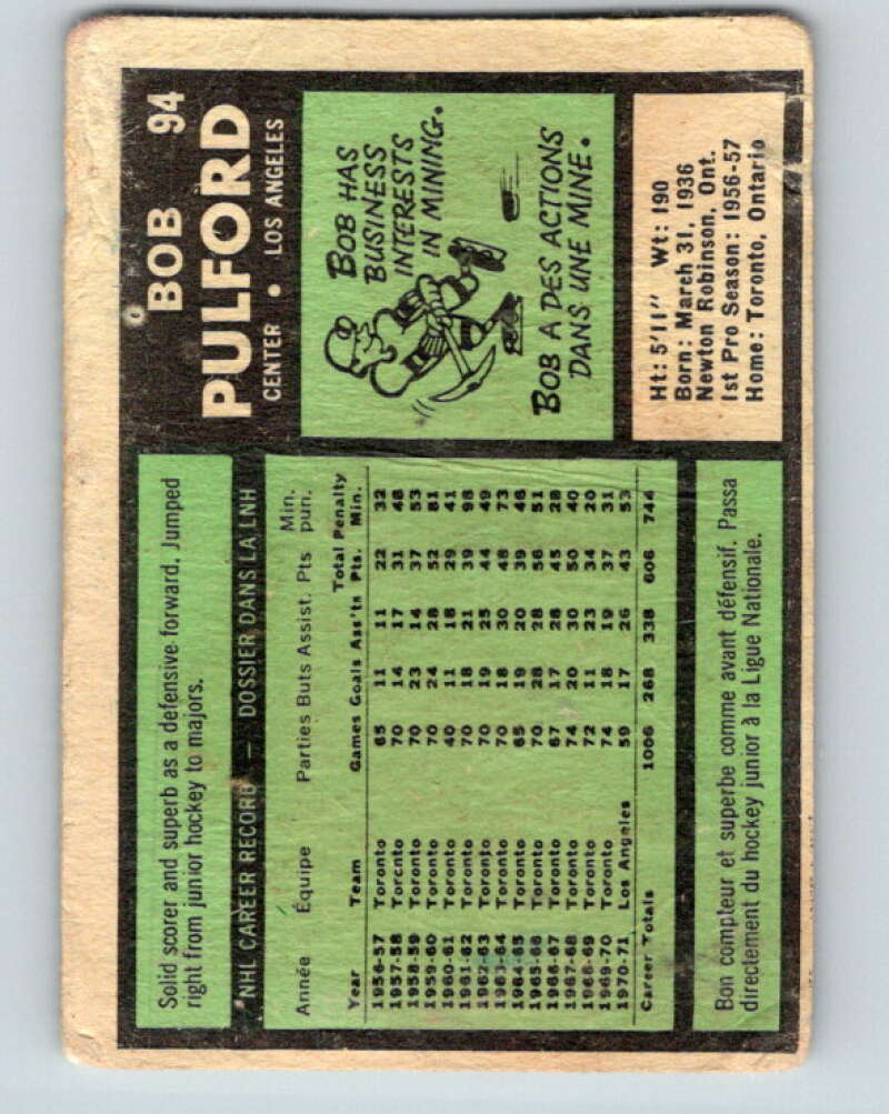 1971-72 O-Pee-Chee #94 Bob Pulford Los Angeles Kings V9229
