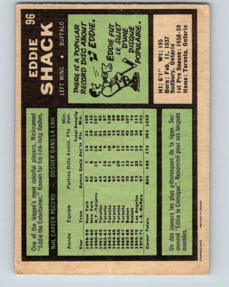 1971-72 O-Pee-Chee #96 Eddie Shack Buffalo Sabres V9235