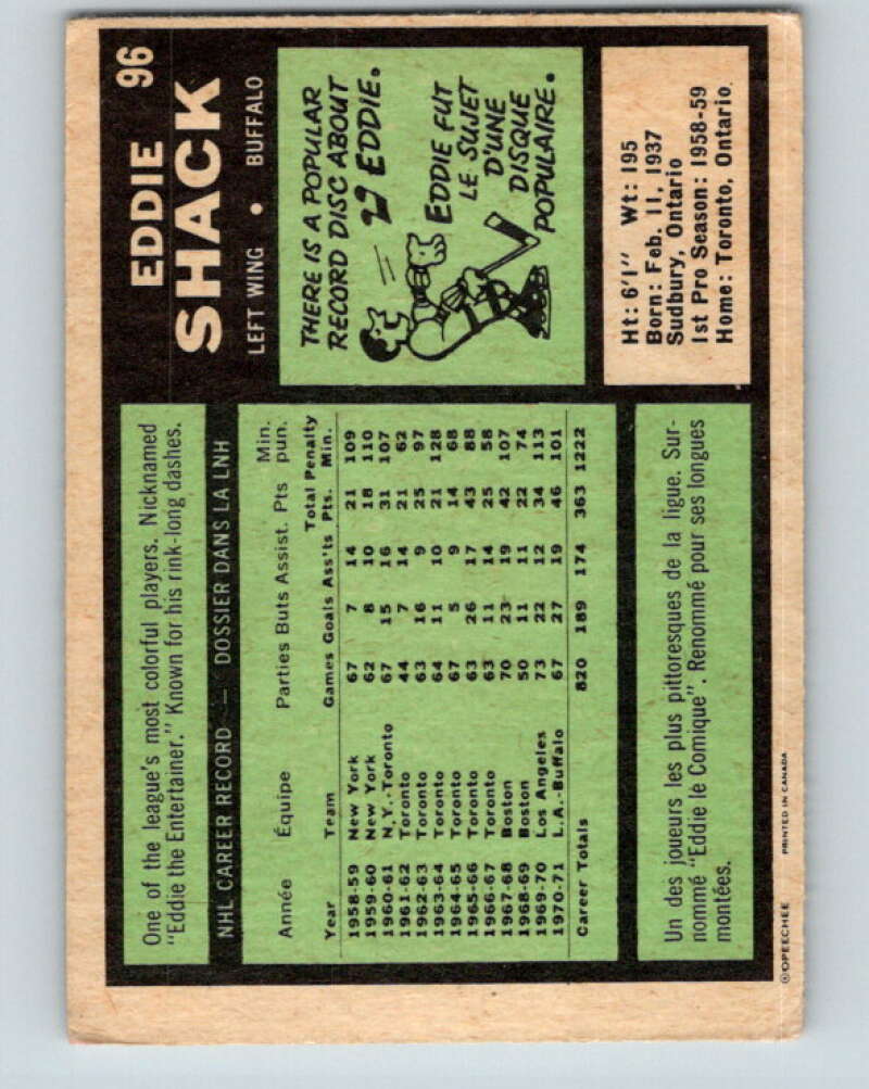 1971-72 O-Pee-Chee #96 Eddie Shack Buffalo Sabres V9236