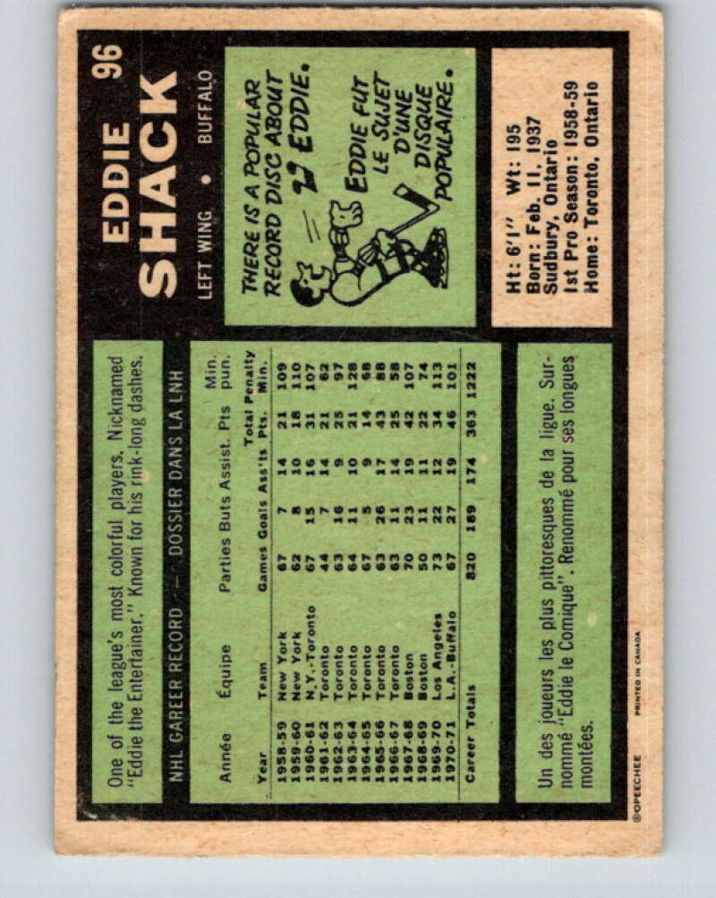 1971-72 O-Pee-Chee #96 Eddie Shack Buffalo Sabres V9237