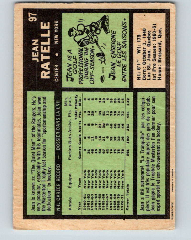 1971-72 O-Pee-Chee #97 Jean Ratelle New York Rangers V9240
