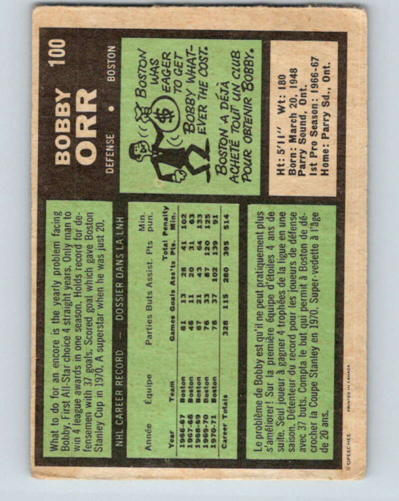 1971-72 O-Pee-Chee #100 Bobby Orr Boston Bruins V9241