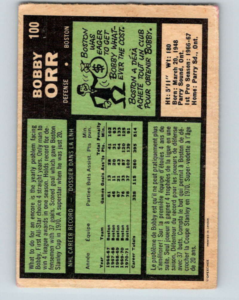 1971-72 O-Pee-Chee #100 Bobby Orr Boston Bruins V9242