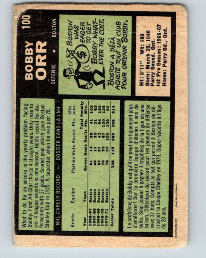 1971-72 O-Pee-Chee #100 Bobby Orr Boston Bruins V9243
