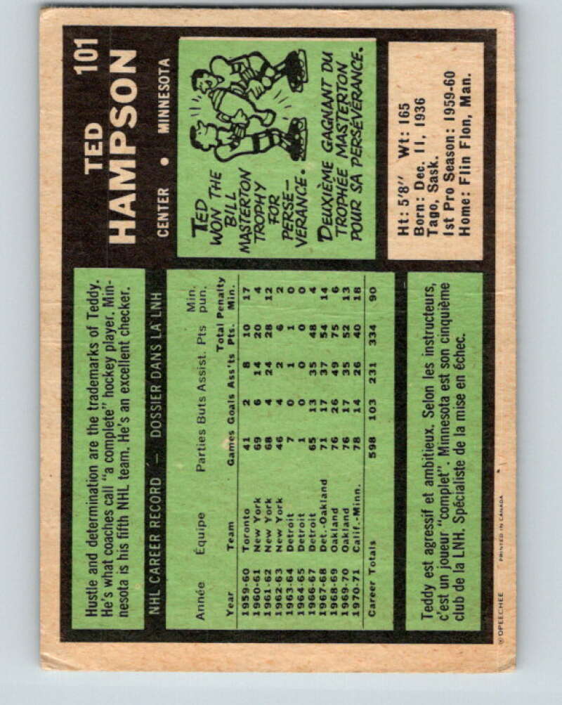 1971-72 O-Pee-Chee #101 Ted Hampson Minnesota North Stars V9244