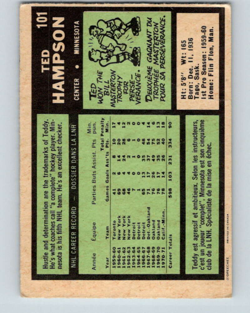 1971-72 O-Pee-Chee #101 Ted Hampson Minnesota North Stars V9245
