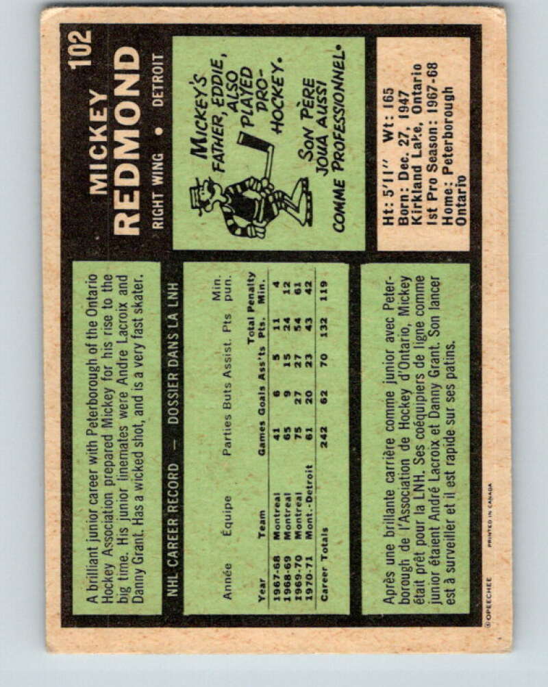 1971-72 O-Pee-Chee #102 Mickey Redmond Detroit Red Wings V9247