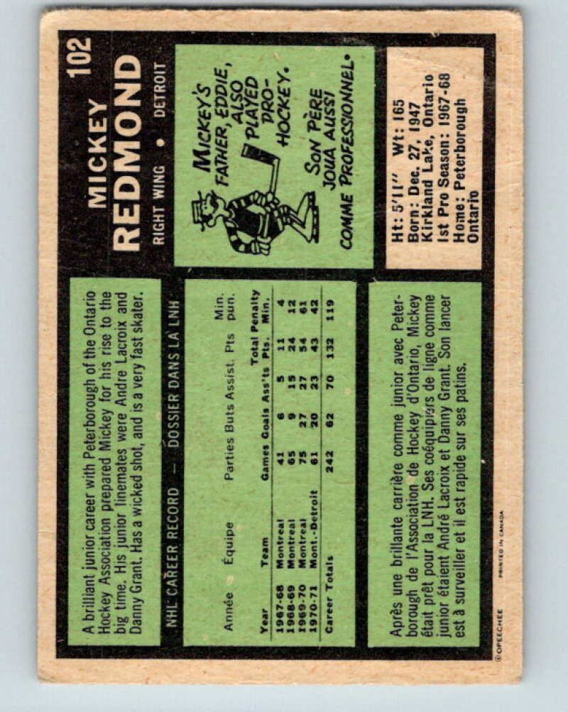 1971-72 O-Pee-Chee #102 Mickey Redmond Detroit Red Wings V9248