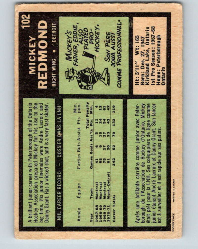 1971-72 O-Pee-Chee #102 Mickey Redmond Detroit Red Wings V9249