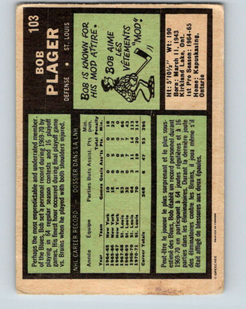 1971-72 O-Pee-Chee #103 Bob Plager UER St. Louis Blues V9251