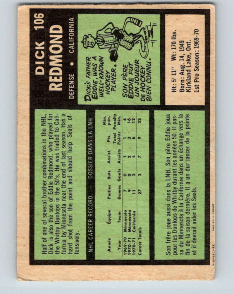 1971-72 O-Pee-Chee #106 Dick Redmond RC Rookie California Golden Seals V9259